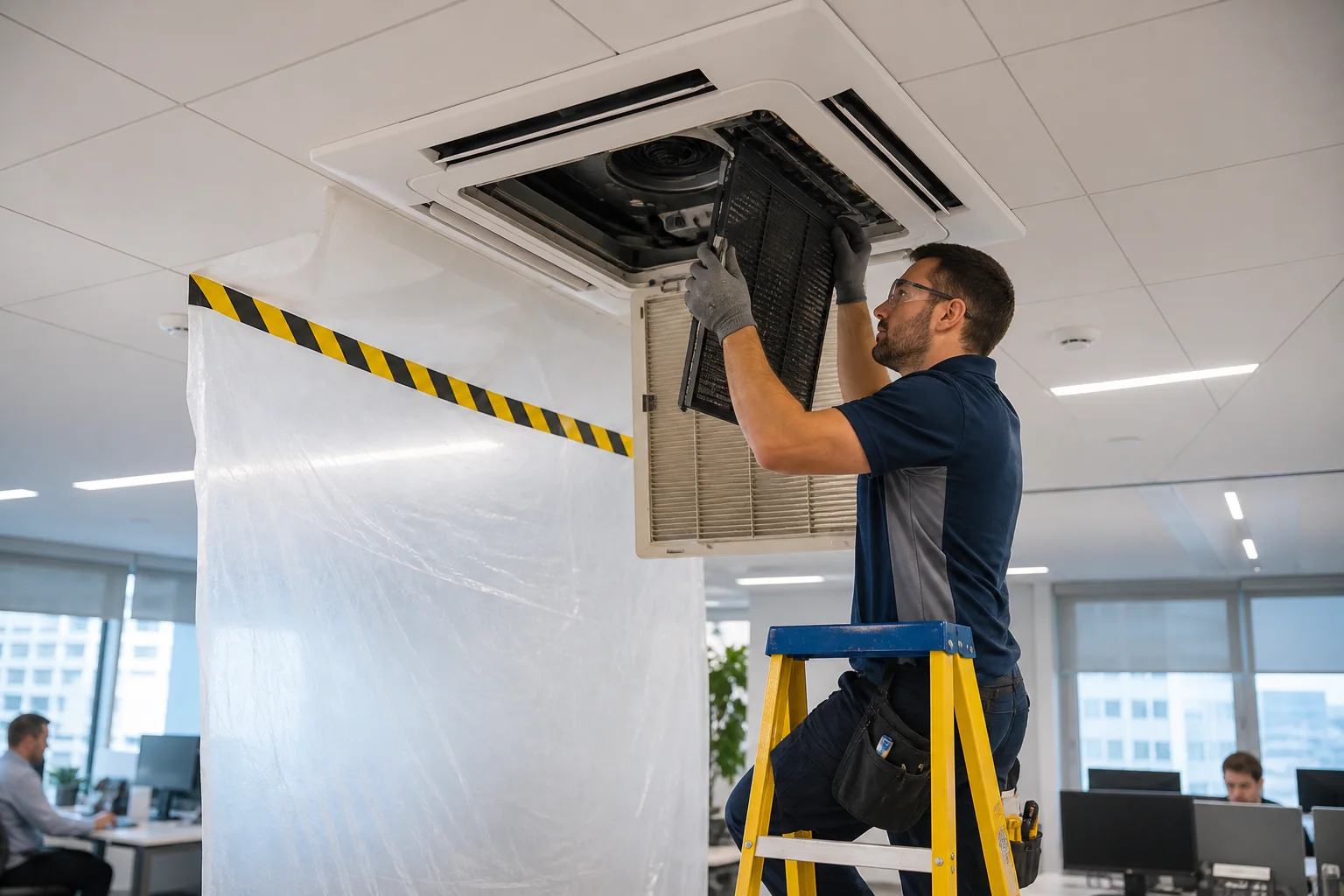 Tecnico certificato esegue la manutenzione di una cassetta VRF a soffitto