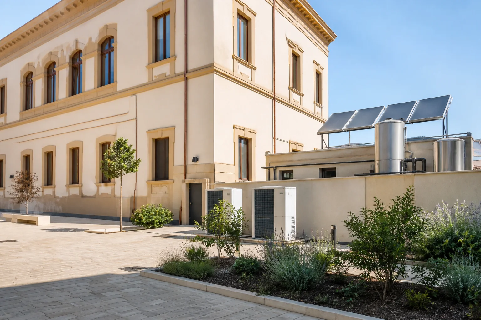 Edificio pubblico riqualificato con pompe di calore e collettori solari termici