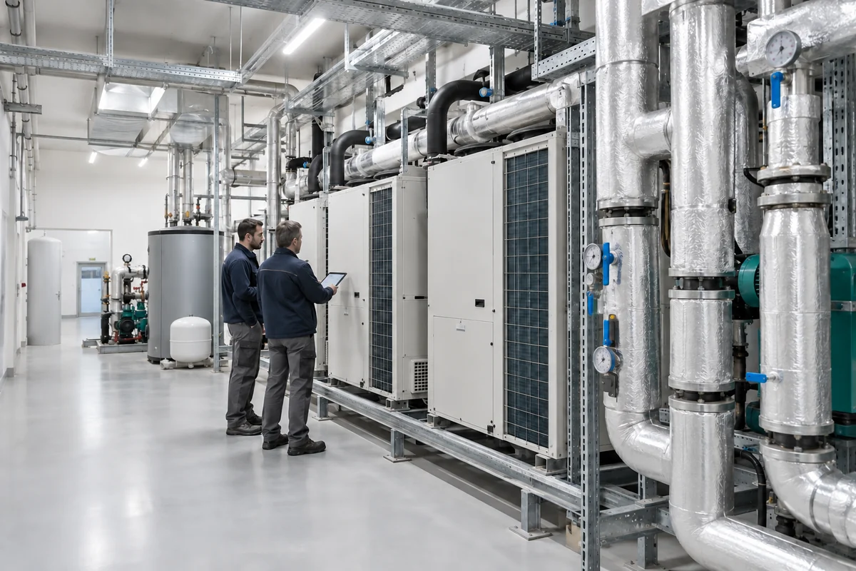 Tecnici controllano un impianto di climatizzazione in una centrale tecnica ospedaliera